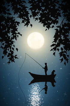 Plakát Fisherman in boat with dog on moonlight night