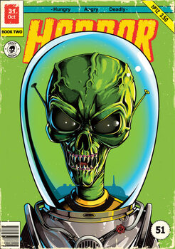 Plakát Green alien in spacesuit comic book poster