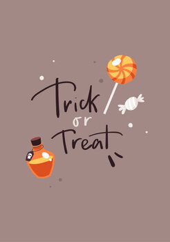 Plakát Halloween card with lettering Trick or Treat. Candies and bottle with poison.