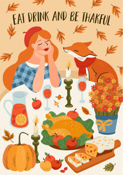 Plakát Happy Thanksgiving illustration. Cute lady with fox at festive table. Vector design for card, poster, flyer, web and other