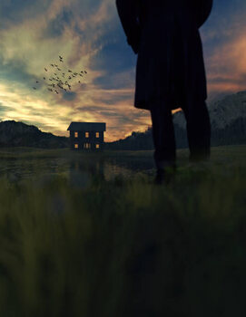 Plakát Man stands at a mountain lake