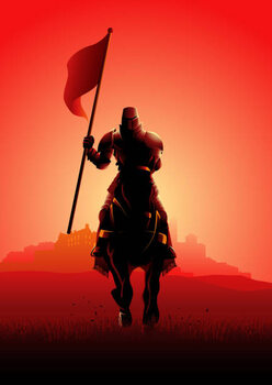 Plakát Medieval knight on horse carrying a flag