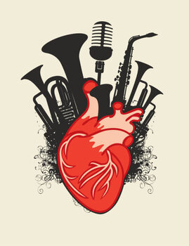 Plakát music poster with human heart and wind instruments