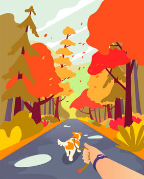 Plakát Simple cartoon people at autumn park. Walk the dog. Fall season and people leisure, outdoor theme. Walking with dog.Autumn landscape minimalistic style, orange palette of the season.