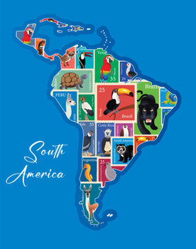 Plakát South America Animals Stamp Map