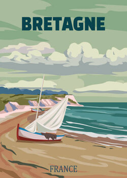 Plakát Travel poster Bretagne France, vintage sailboat,
