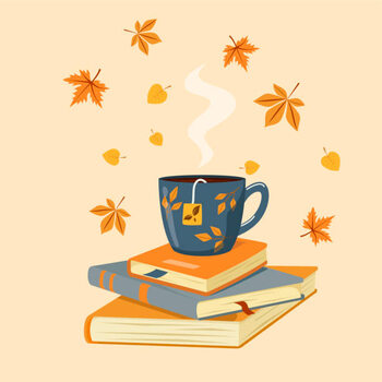 Plakát Vector autumn illustration of a cup of hot tea on books with falling autumn leaves.