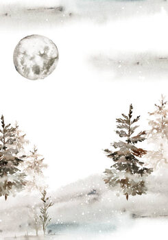 Plakát Watercolor christmas card with winter landscape