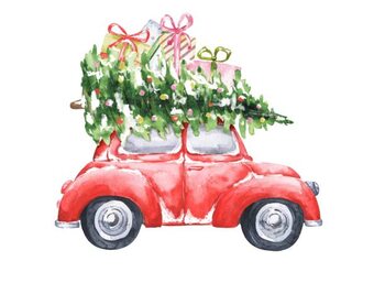 Plakát Watercolor Christmas tree with red car