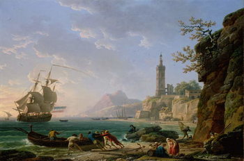Obraz na płótnie A Coastal Mediterranean Landscape with a Dutch Merchantman in a Bay