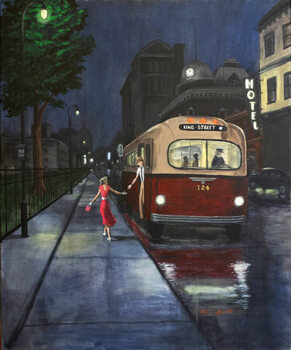 Obraz na płótnie 50s Couple Exits Bus at Night.