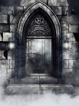 Obraz na płótnie Gothic stone gate with lanterns