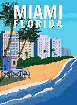Obraz na płótnie Miami Beach City Skyline, Retro Poster.
