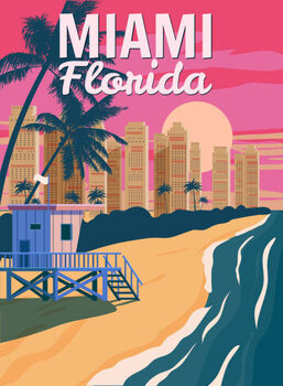 Obraz na płótnie Miami Florida, City Skyline, Retro Poster.