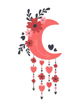 Obraz na płótnie Moon with flowers, hearts, branches, leaves