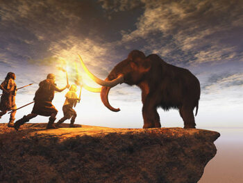 Obraz na płótnie Prehistoric men hunting a young mammoth