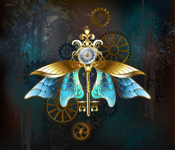 Obraz na płótnie Steampunk key with blue wings