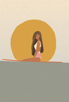 Obraz na płótnie Surfer girl at sunset sitting on