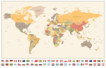 Obraz na płótnie World Map and Most Popular Flags