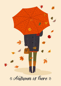 Poster Autumn illustration with cute woman under umbrella. Vector design