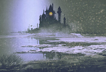 Poster castle silhouette in winter at night