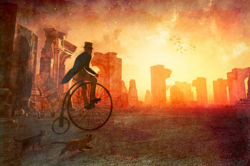 Poster Man with retro bicycle riding past ancient ruins