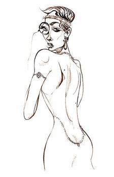 Poster Model wearing a backless dress and a monocle