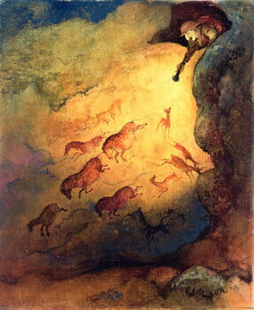 Canvastavla Mr Punch as a cave explorer giving the animals in Lascaux a fright, unpublished commission by 'Punch', 1968