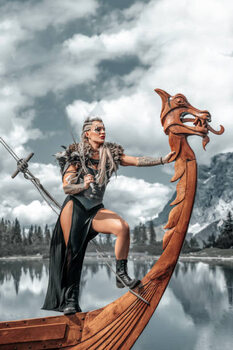 Poster Viking Warrior female sailing on a