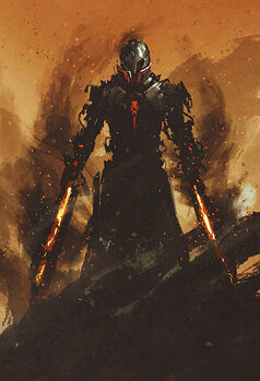 Poster warrior posing with fire flame swords