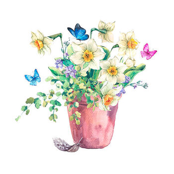 Poster Watercolor Garden Spring bouquet in flower pots