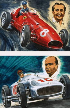 Poster Alberto Ascari driving a Maserati (top) and Juan Manuel Fangio driving a Mercedes-Benz
