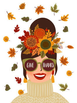 Poster Happy Thanksgiving isolated illustration. Cute lady in wreath and glasses. Vector design for card, poster, flyer, web and other