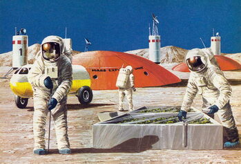 Poster Men working on the planet Mars, as imagined in the 1970s