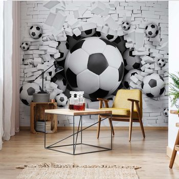 3D Footballs Bursting Through Brick Wall Poster Mural XXL