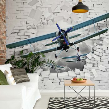 3D Plane Bursting Through Brick Wall Poster Mural XXL