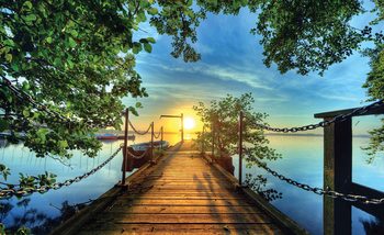 Chemin entre les Arbres Bateaux et Coucher de Soleil Poster Mural XXL