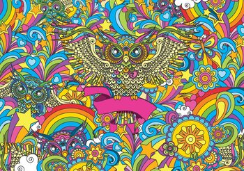 Chouettes Colorées Etoiles Arc-en-ciel Fleurs Poster Mural XXL