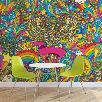 Chouettes Colorées Etoiles Arc-en-ciel Fleurs Poster Mural XXL