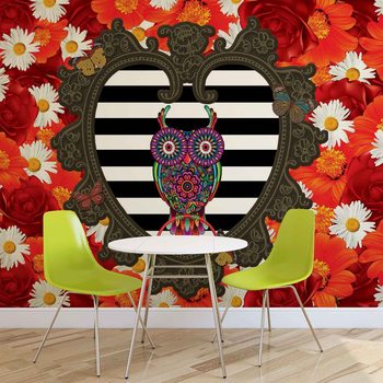 Cœur Floral Chouette Rouge Poster Mural XXL