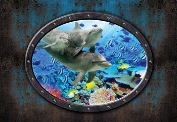 Dolphins Coral Reef Underwater Submarine Window View Poster Mural XXL