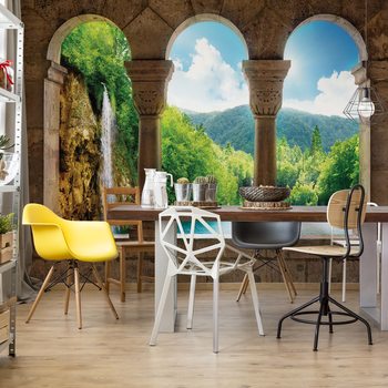 Lake Waterfall View Through Stone Arches Poster Mural XXL
