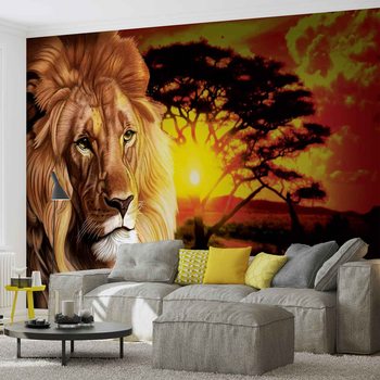 Lion Coucher de Soleil Afrique Nature Arbre Poster Mural XXL