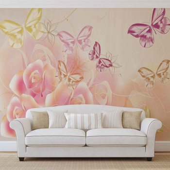 Papillons Fleurs Roses Poster Mural XXL