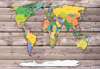 Political World Map On Wood Background Poster Mural XXL