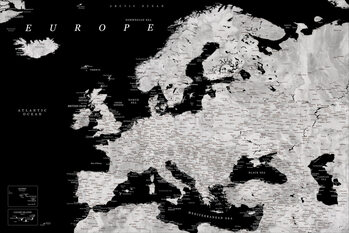 Póster XXL Blursbyai - Black and grey detailed map of Europe