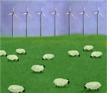 Poster Illustration of flock of sheep grazing