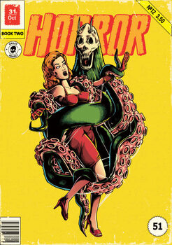 Poster Scared screaming woman captured by monster