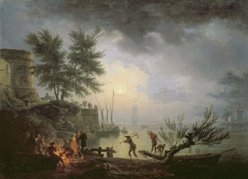 Schilderij op canvas Sunrise, A Coastal Scene with Figures around a Fire