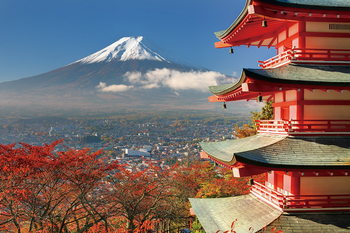 Skleněný Obraz Hora Fudži - Červený dům